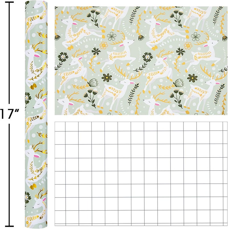 Retrify Light Green Wrapping Paper Roll - Metallic Gold Foil Lovely Happy Reindeer Mini Roll Gift Wrap Paper for Christmas Holiday Festive Decoration - 17 Inches x 32.8 Feet - Image 4